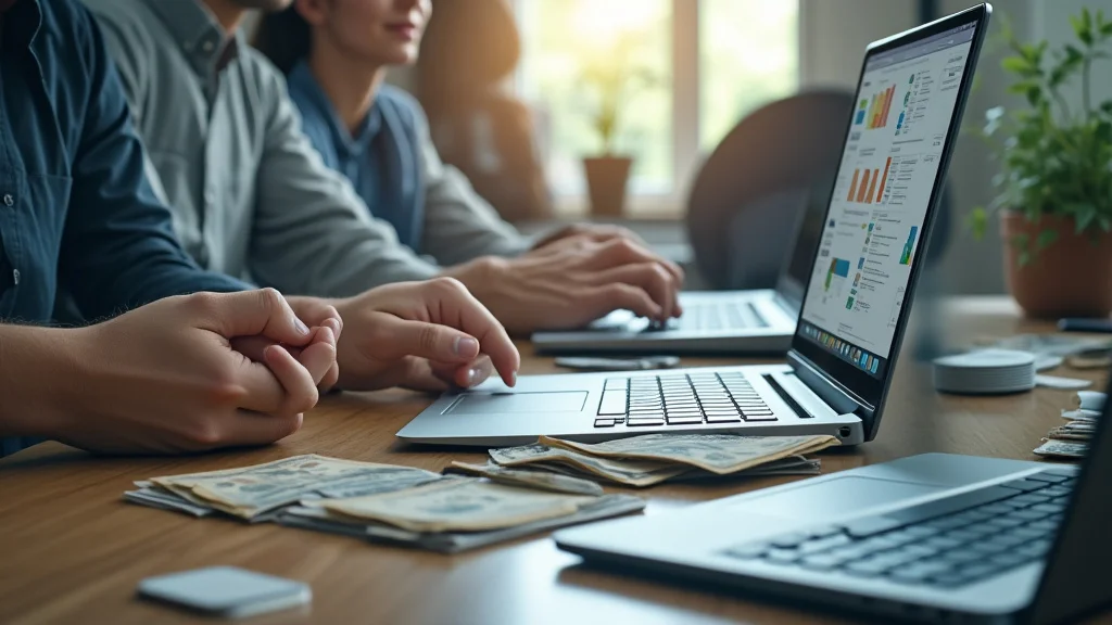 The image shows a person using a laptop with a bright screen displaying earnings.